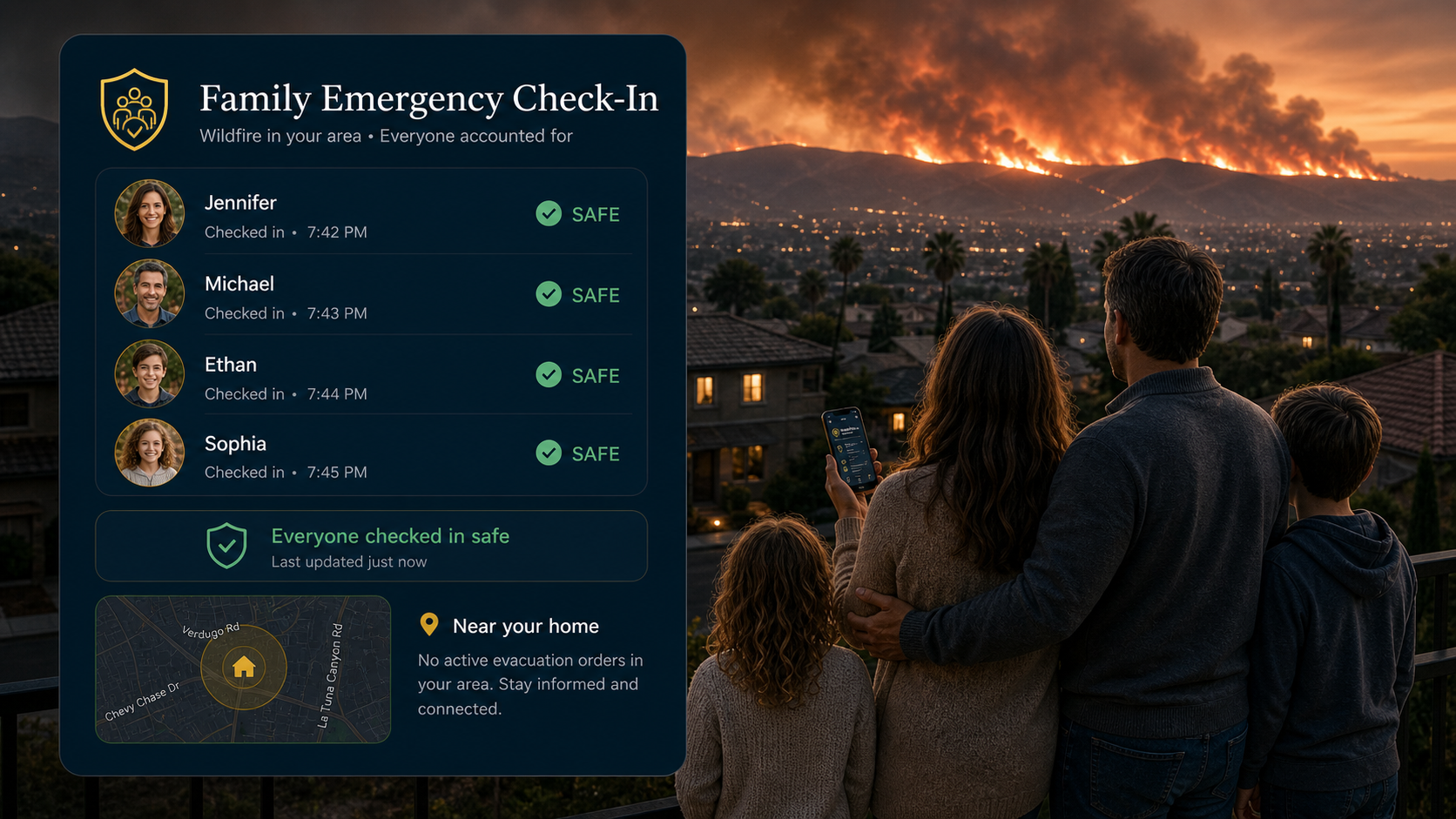 Rooted family emergency check-in during a wildfire threat